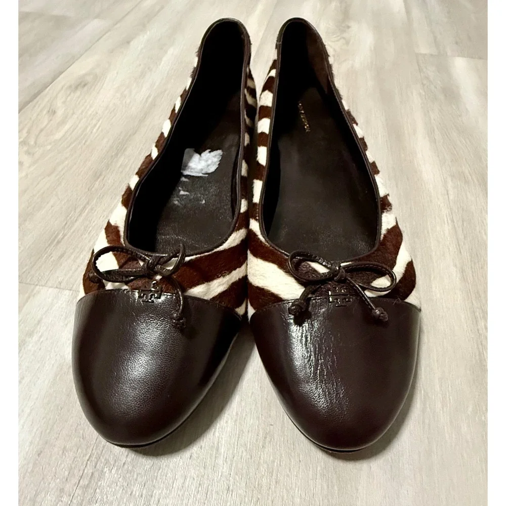 Tory Burch Zebra Print‎ Calf Hair Leather Ballet Flats Brown Cream Bow Women 13M